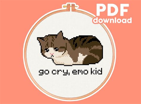 Go Cry, Emo Kid Cat Meme Funny, Modern, Subversive Cross Stitch Pattern Digital PDF - Etsy