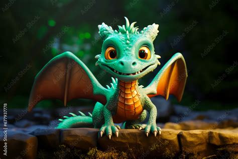 Cute, adorable smiling baby dragon lizard in nature. 3D illustration in ...