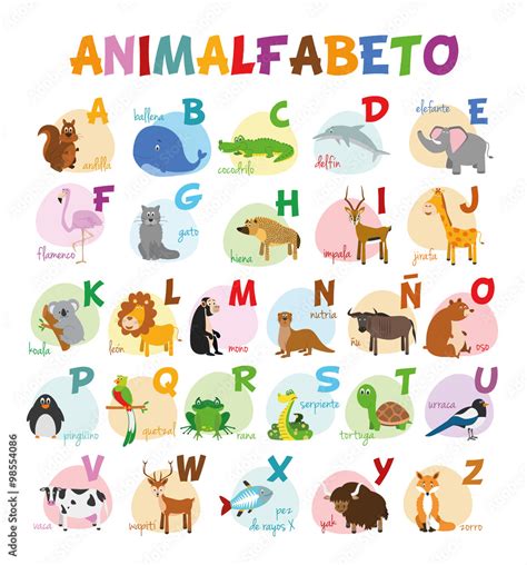 Ilustración de vector Alfabeto ilustrado con animales para niños. Abecedario español. Aprender a ...