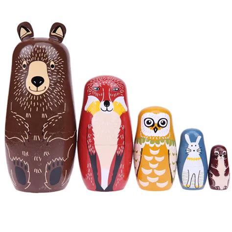 5pcs/Set Cartoon Bear Ears Russian Matryoshka Doll Funny Lovely Animals Design Wooden Nesting ...