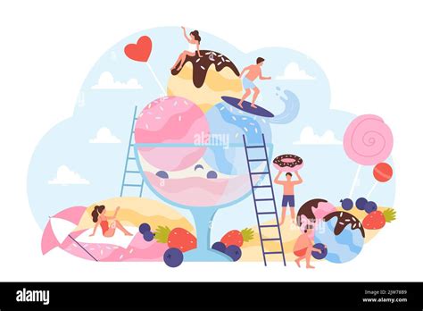 Ice cream beach party vector illustration. Cartoon summer camp scene ...