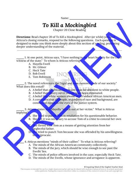 To Kill a Mockingbird Chapter 20 Close Reading Worksheet | Teaching Resources