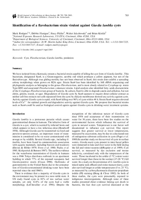 (PDF) Identification of a flavobacterium strain virulent against Giardia lamblia cysts