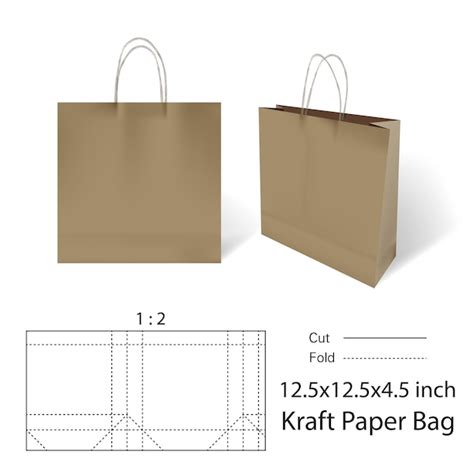 Premium Vector | Kraft paper bag and handle with 3D Mockup and Dimension