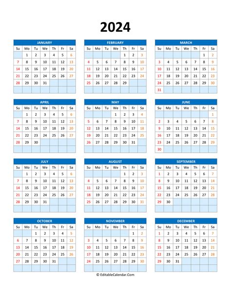 Editable Calendar Template 2024