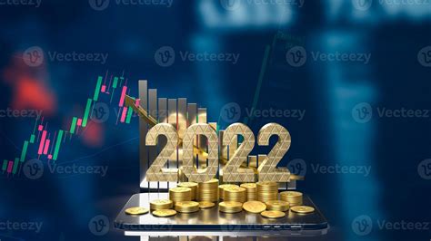 The 2022 gold text business chart and gold coins on tablet 3d rendering ...