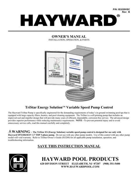 Hayward Energy Solution Variable Speed Pump Control : parts list and installation, operation and ...