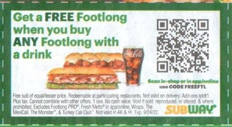 Subway Coupon Code: FREE footlong when you buy 1 with a drink wit