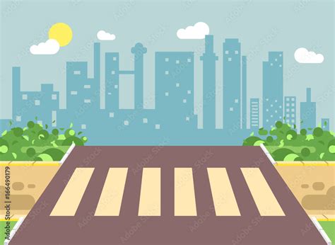 Vector illustration of roadside cartoon landscape with roadway, road ...