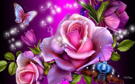 Download Pink Flower Colors Butterfly Leaf Flower Artistic Rose HD Wallpaper by MaDonna