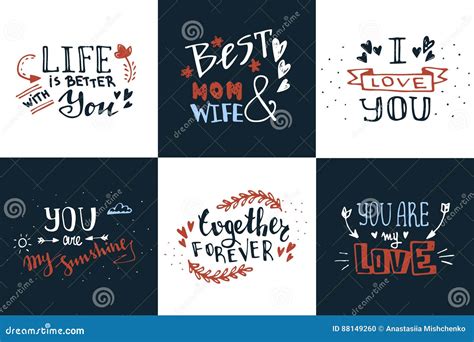 Hand Drawn Doodle Sketch Love Quotes Vector Set. Romantic Greetings ...