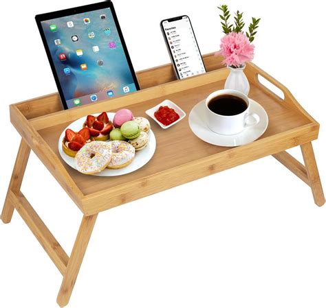 Bed Tray Table with Handles Folding Legs Bamboo Breakfast Tray with ...