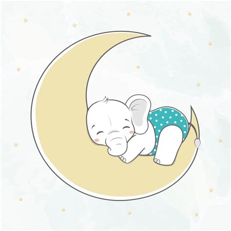 Premium Vector | Cute baby elephant sleep on the moon water color cartoon hand