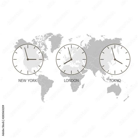 Set of clock. World time on a world map. Timezone clock. Vector ...