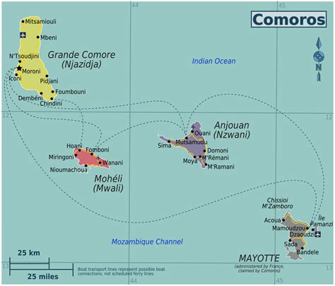 Political map of Comoros and Mayotte with cities, roads and airports ...