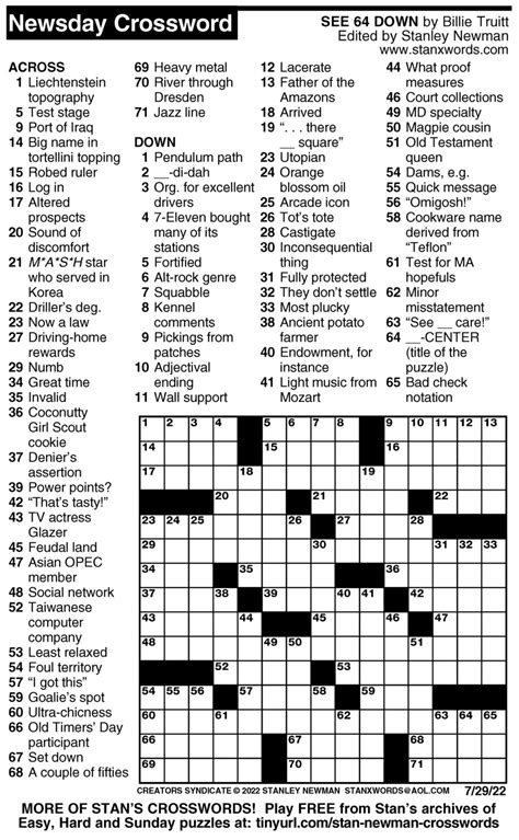 Newsday Crossword Puzzle for Jul 29, 2022, by Stanley Newman | Creators ...