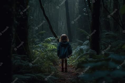 Premium Photo | Little girl walking in the dark mystery forest back view seemingly lost and ...