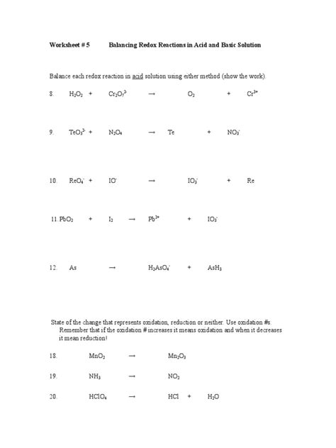 Redox Reaction Worksheet With Answers Pdf