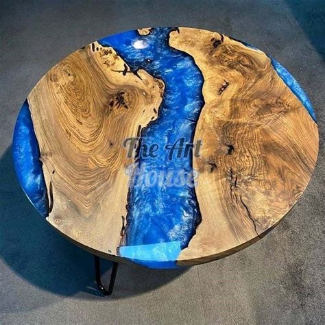 Round Wood Table With Resin, Round Epoxy Table, Blue Decor Epoxy Table, Round Coffee Table ...