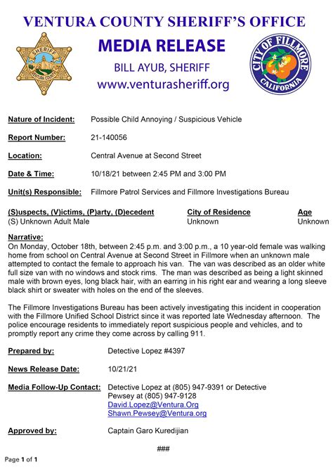 Ventura County Sheriff Media Release | Fillmore Unified School District