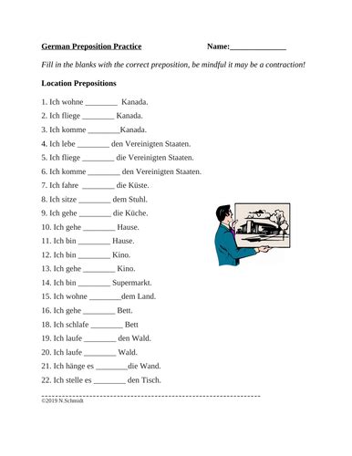 German Preposition Practice Worksheet: Location Based: in, nach, an ...