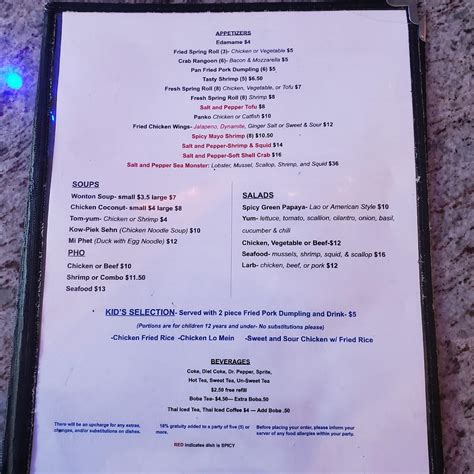 Menu at Pad Thai Cafe, Murfreesboro