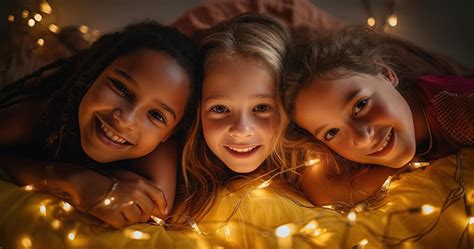 Premium AI Image | girls laying on a bed with colorful string lights underneath them in the ...