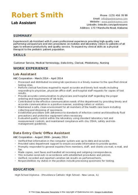 Lab Assistant Resume Samples | QwikResume