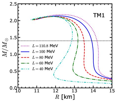 The neutron star mass-radius relations with different slopes, L = 40 ...