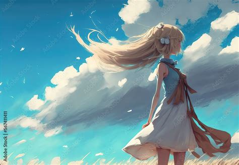 a wonderful modern anime girl with blonde hair in a field with clouds ...