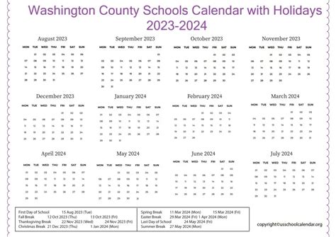 Washington County Schools Calendar with Holidays 2023-2024