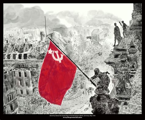 Red Army Raises the Soviet Flag on the Reichstag in Berlin, Germany, May 1945 (black magin ...