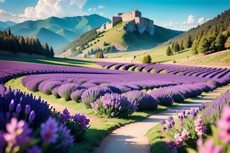 Premium AI Image | Lavender fields in the mountains with a castle in ...