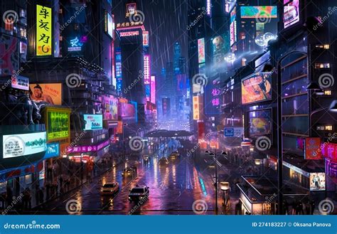 Night View of Buildings in Tokyo. Nighttime Cyberpunk City Illustration Stock Illustration ...