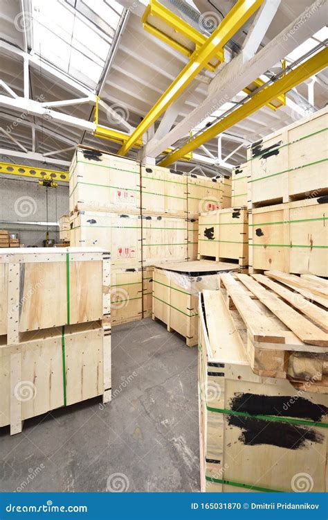 Large and Light Warehouse, Cargo Storage in Wooden Boxes Stock Photo ...