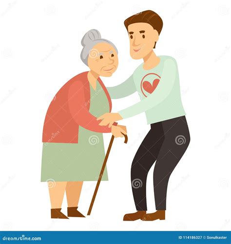 Kind Male Volunteer Helps Old Lady with Cane Stock Vector - Illustration of disability, kindness ...