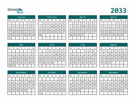 2033 Yearly Calendar Templates with Monday Start