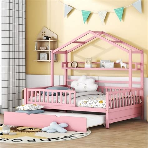 Full Size House Bed with Pull-out Trundle and Open Storage Shelf ...