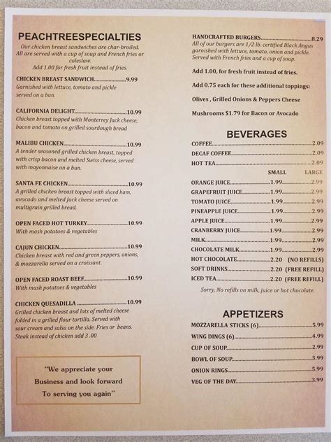 Menu at Peachtree Cafe, Matteson