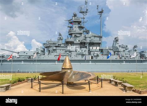 USS Alabama museum battleship behind a propeller from the ship at the ...