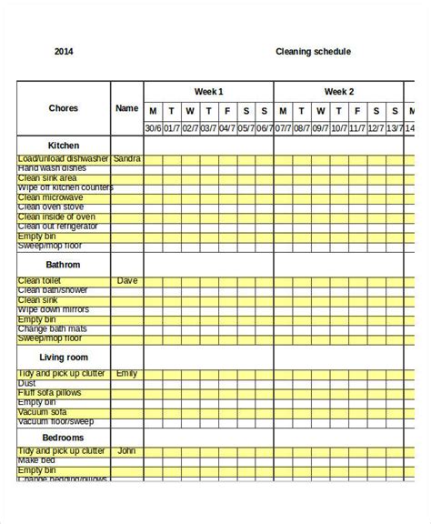 Excel Cleaning Schedule Template