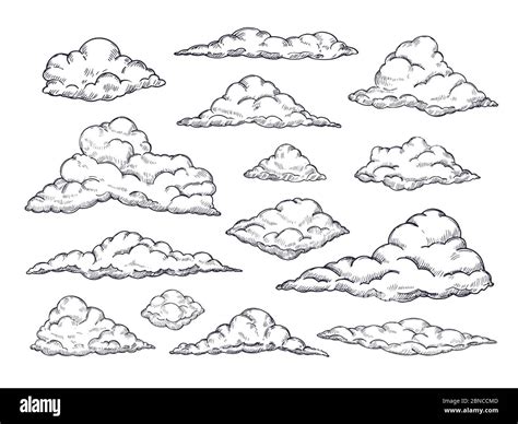 Sketch clouds. Hand drawn sky cloudscape. Outline sketching cloud vintage vector collection ...