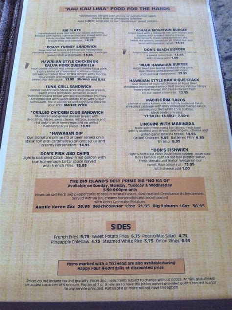 Menu at Don the Beachcomber pub & bar, Kailua-Kona