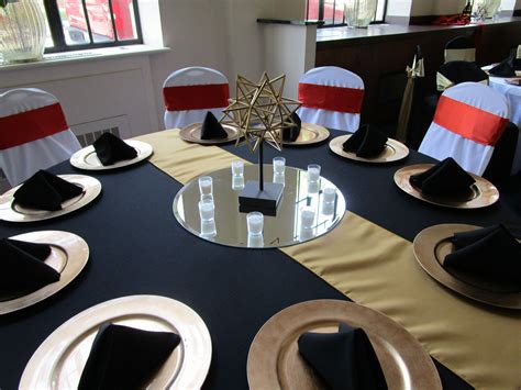 Black tablecloth and napkins, gold runner and chargers, white chair covers, bur… | Wicker patio ...