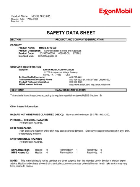 Mobil Shc 630 Sds | PDF | Occupational Safety And Health | Chemistry