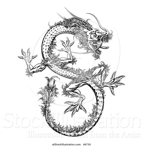 Vector Illustration of a Black and White Chinese Dragon Flying by ...