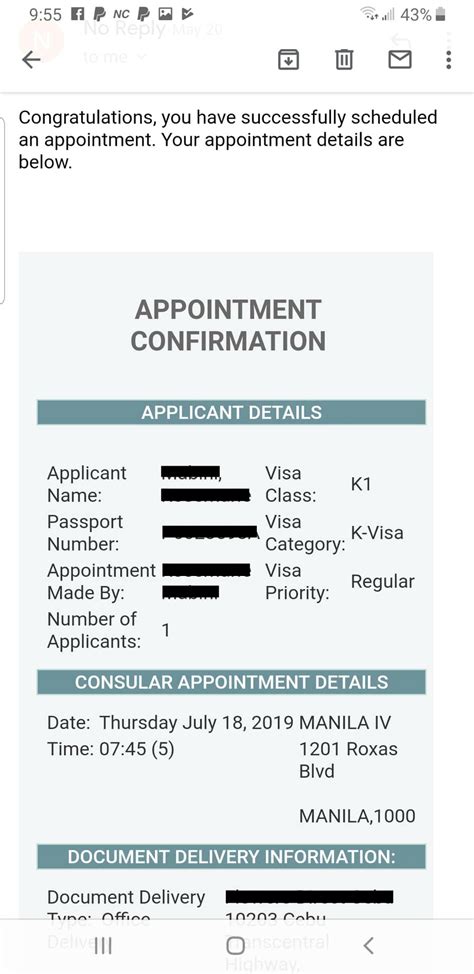 US Embassy Appointment Confirmation Letter for K1 Visa Interview