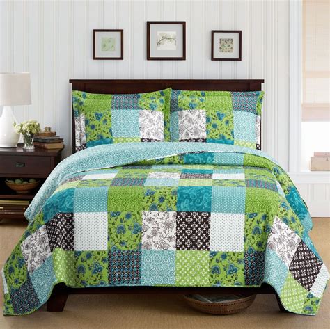 Country Cottage Patchwork Blue Green Quilt Set Oversized | Green quilt ...