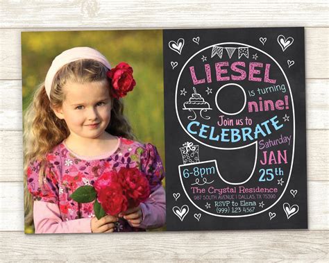 9th Birthday Invitation Chalkboard Invitation Ninth Party | Etsy