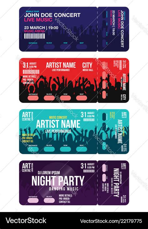 Set of concert ticket templates concert party Vector Image